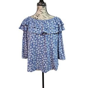 J. Jill Blue Floral Ruffle Tiered Peasant Top Cotton Modal Petite Large Cottage
